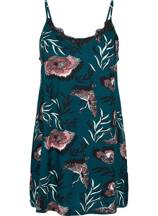 Nightdress with lace and thin straps, Deep Teal Flower, Packshot image number 0