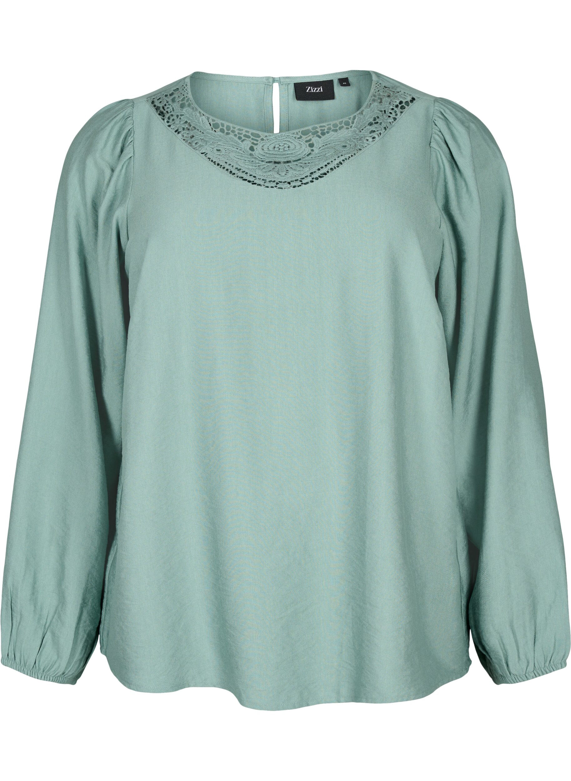 Zizzifashion Blouse in viscose with crochet detail, Chinois Green, Packshot image number 0