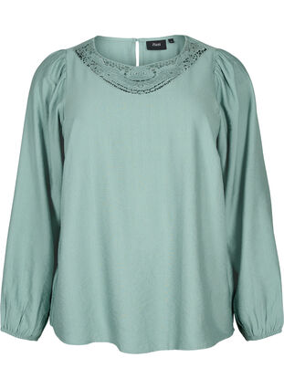 Blouse in viscose with crochet detail, Chinois Green, Packshot image number 0