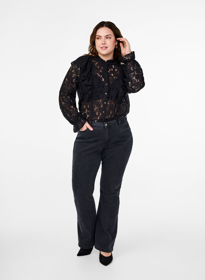 Lace shirt blouse with ruffle detail, Black, Model image number 2