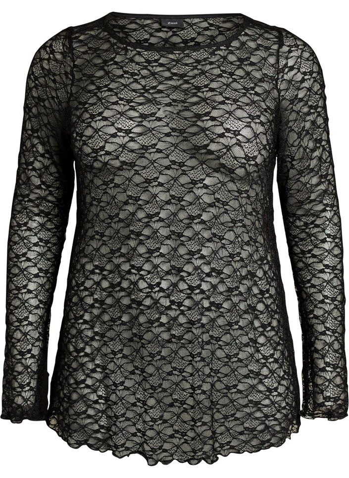 Sheer lace blouse with long sleeves, Black, Packshot image number 0