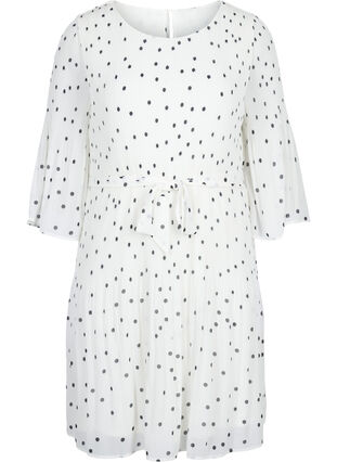 Printed pleated dress with tie string, Bright White w. Dots, Packshot image number 0