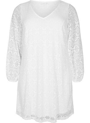 Lace dress with v neck and long sleeves, Bright White, Packshot image number 0