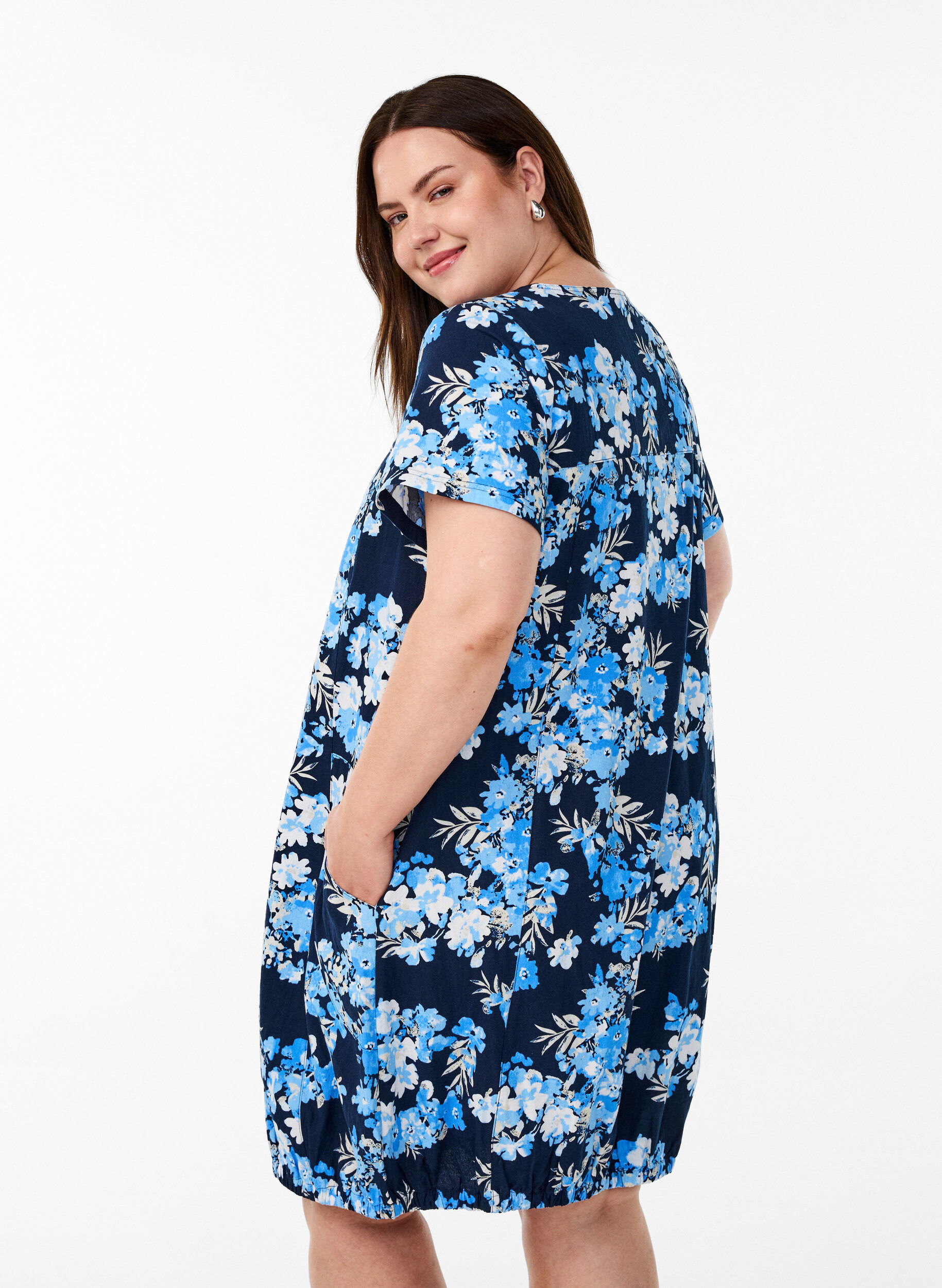 ZizzifashionShort-sleeved cotton dress with print, Blue, Model image number 2