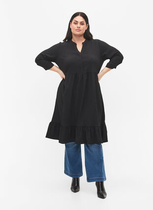  Plain midi dress with 3/4 sleeves, Black, Model image number 2