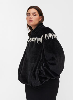 Short jacket in faux fur with beads, Black, Model image number 0