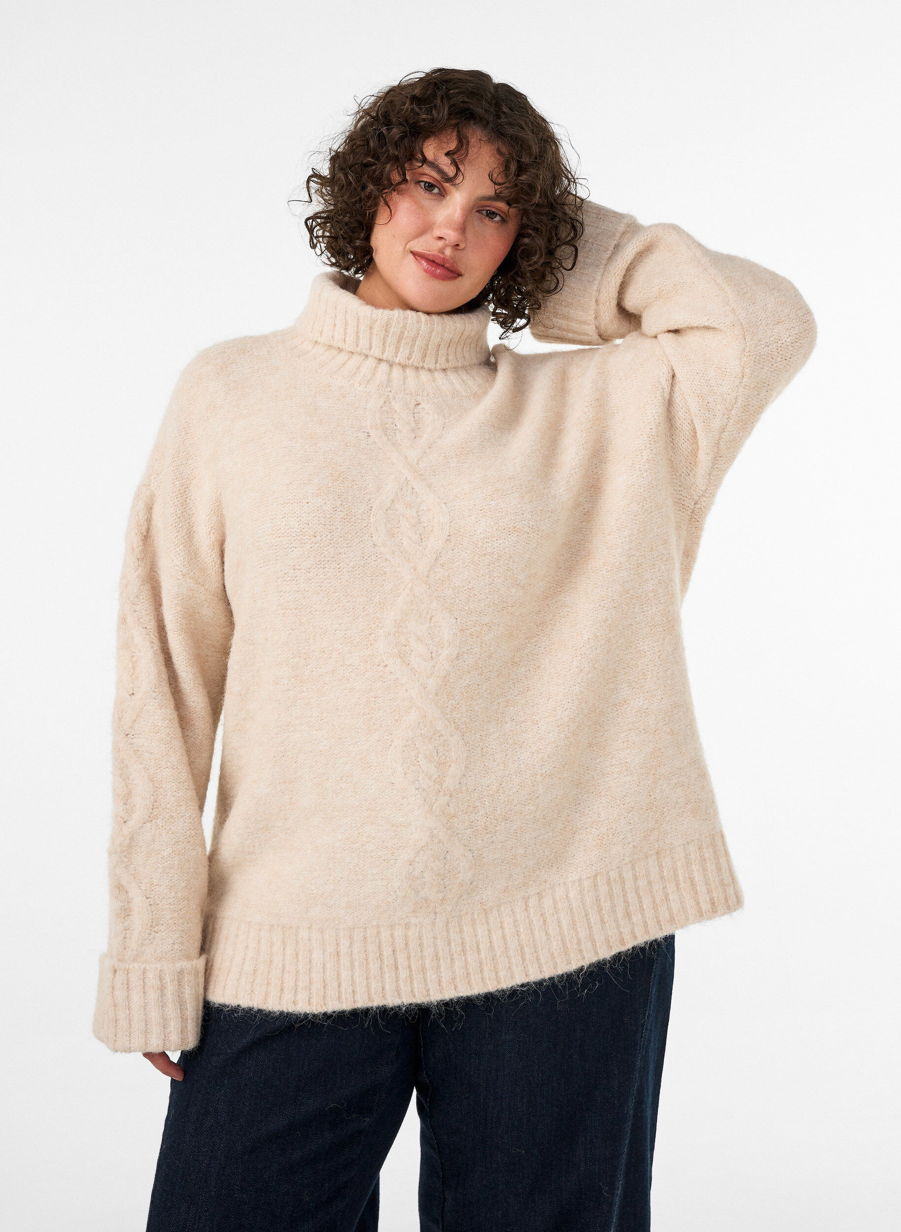 ZizzifashionJumper with turtleneck and cable knit, Vanilla, Model image number 0