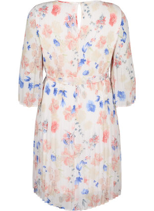 Printed pleated dress with waist tie, White/Blue Floral, Packshot image number 1