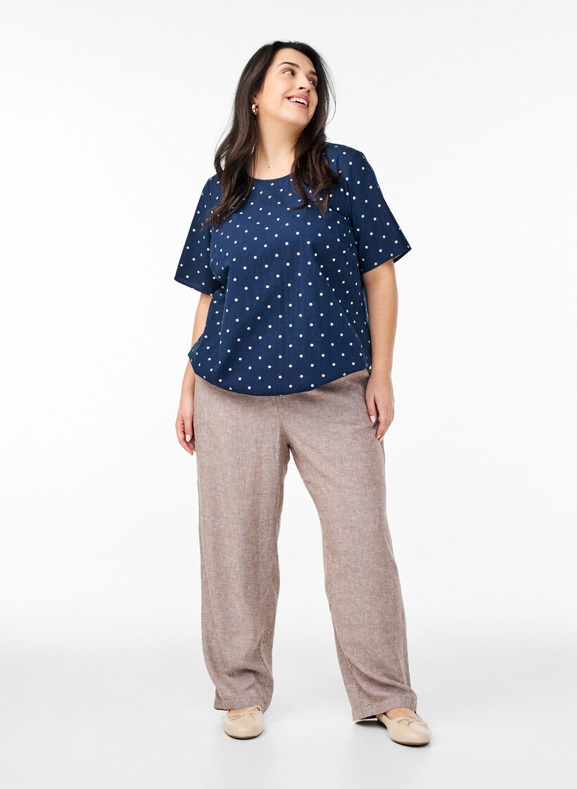Cotton blouse with print and short sleeves, Blue, Model image number 1