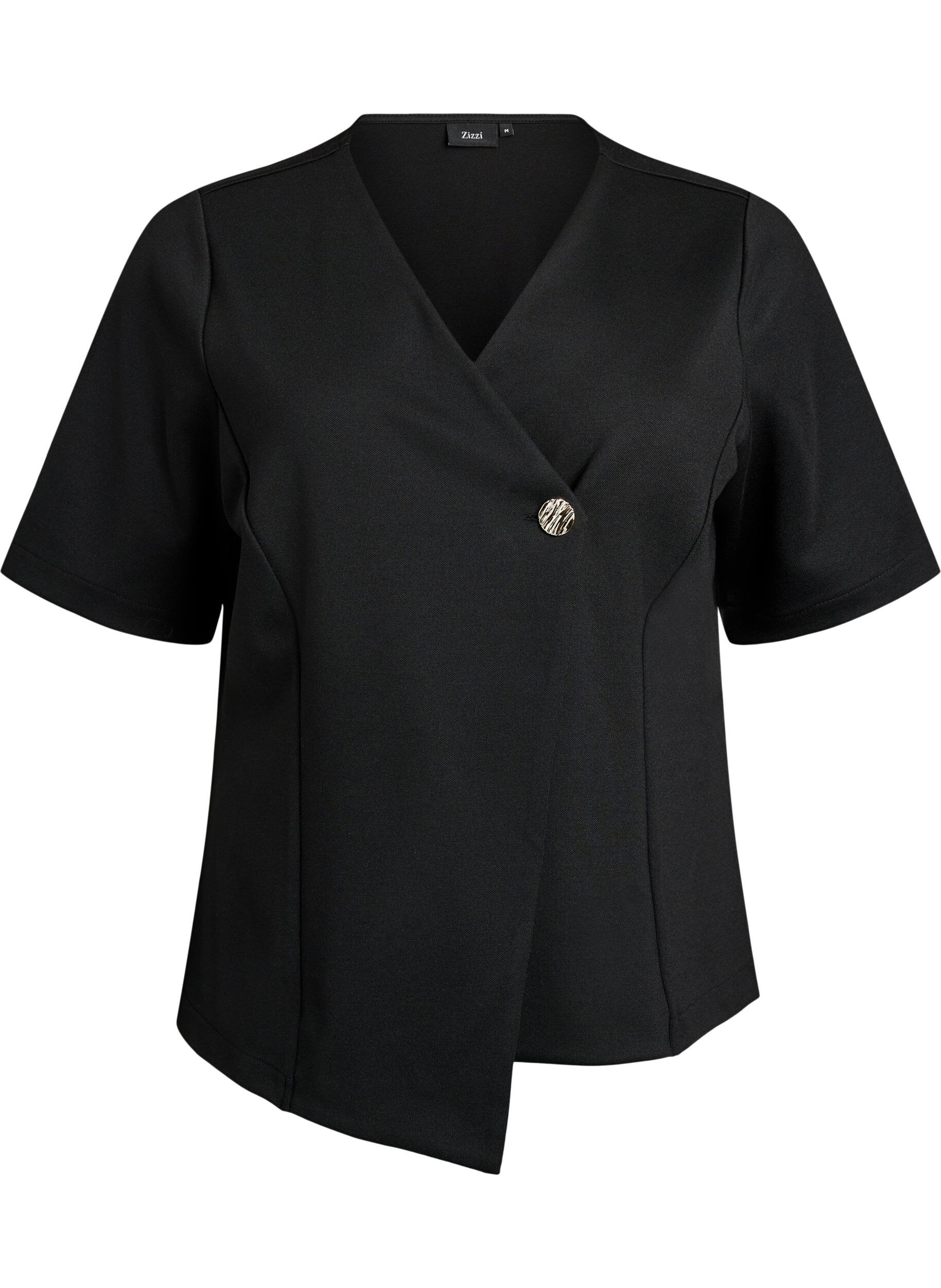 Blouse with asymmetric wrap effect and short sleeves - Black - Sz