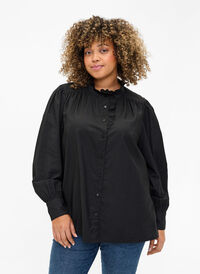 Viscose shirt blouse with ruffles, Black, Model