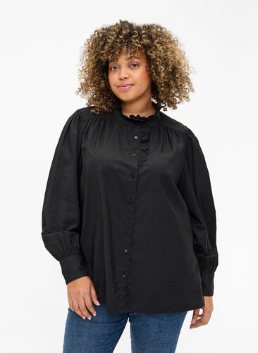Viscose shirt blouse with ruffles, Black, Model image number 0