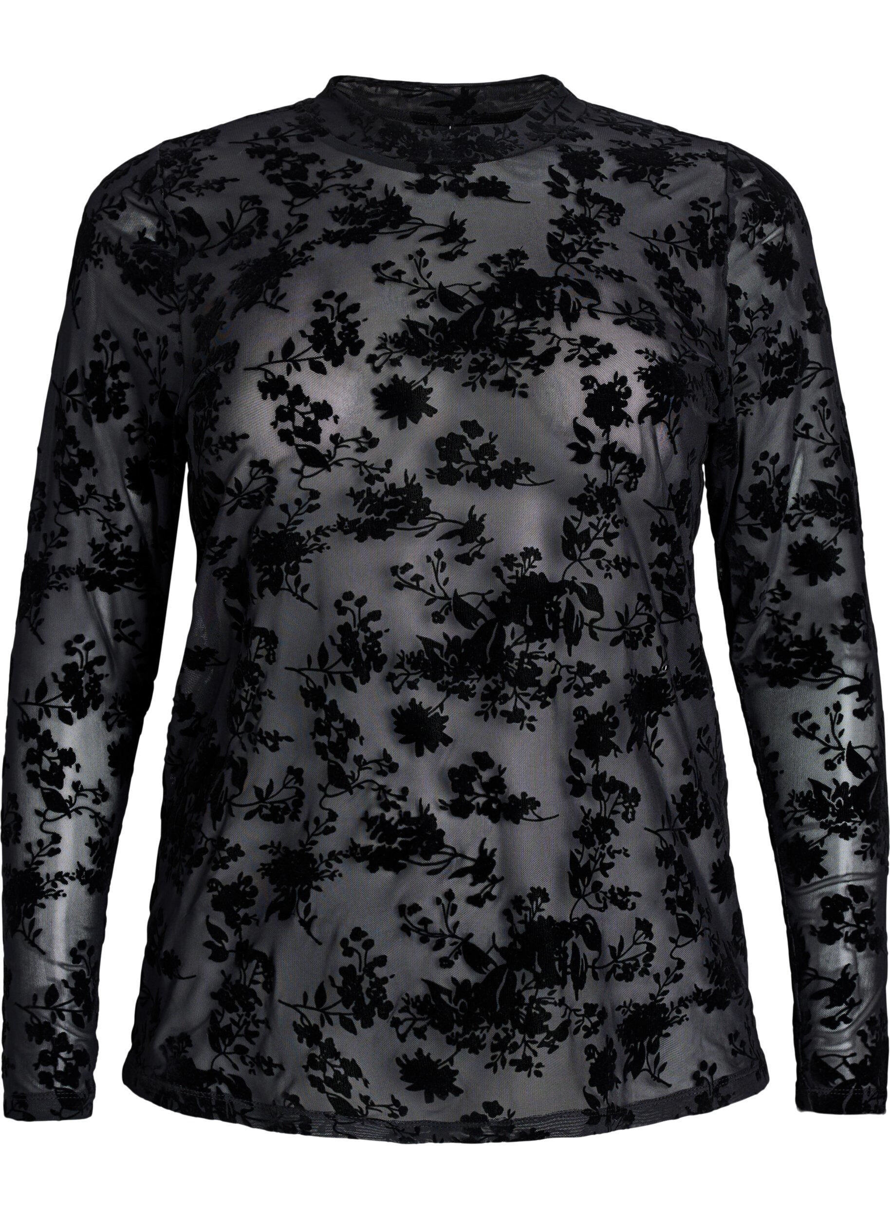 ZizzifashionMesh blouse with floral pattern, Black, Packshot image number 0