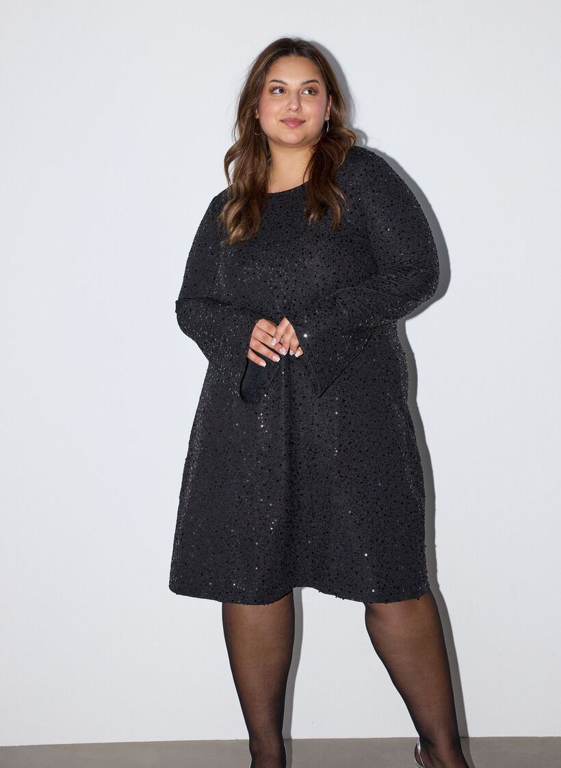 Short sequin dress with an A-line shape, Black, Model image number 3