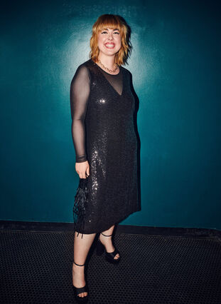 A-line sequin dress with long sleeves - Black - Sz. 40-64 - Zizzifashion A-line sequin dress with long sleeves - Black - Sz. 40-64 - Zizzifashion