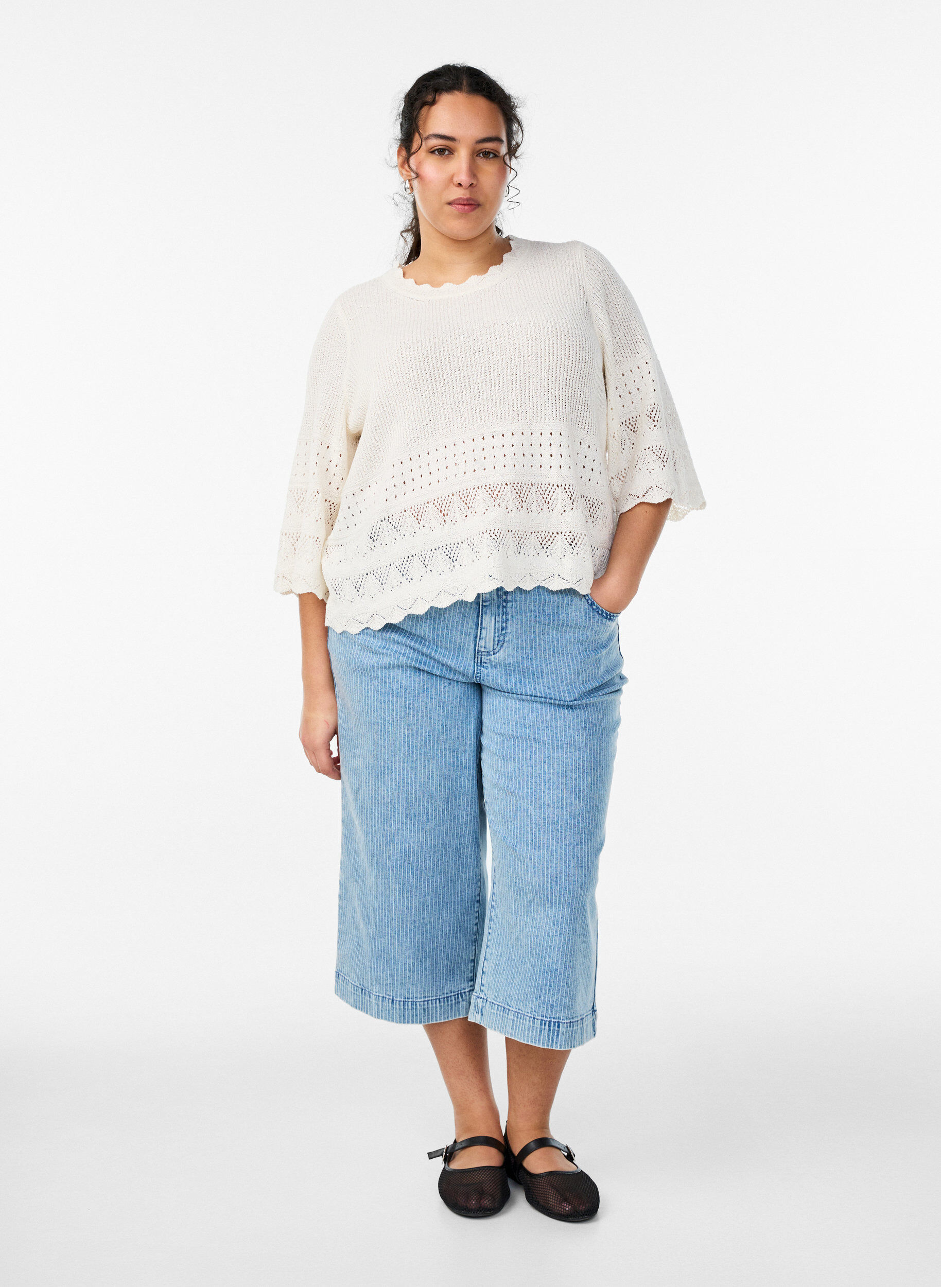 Zizzifashion Knitted blouse with eyelet embroidery and 1/2 sleeves, Vanilla, Model image number 1