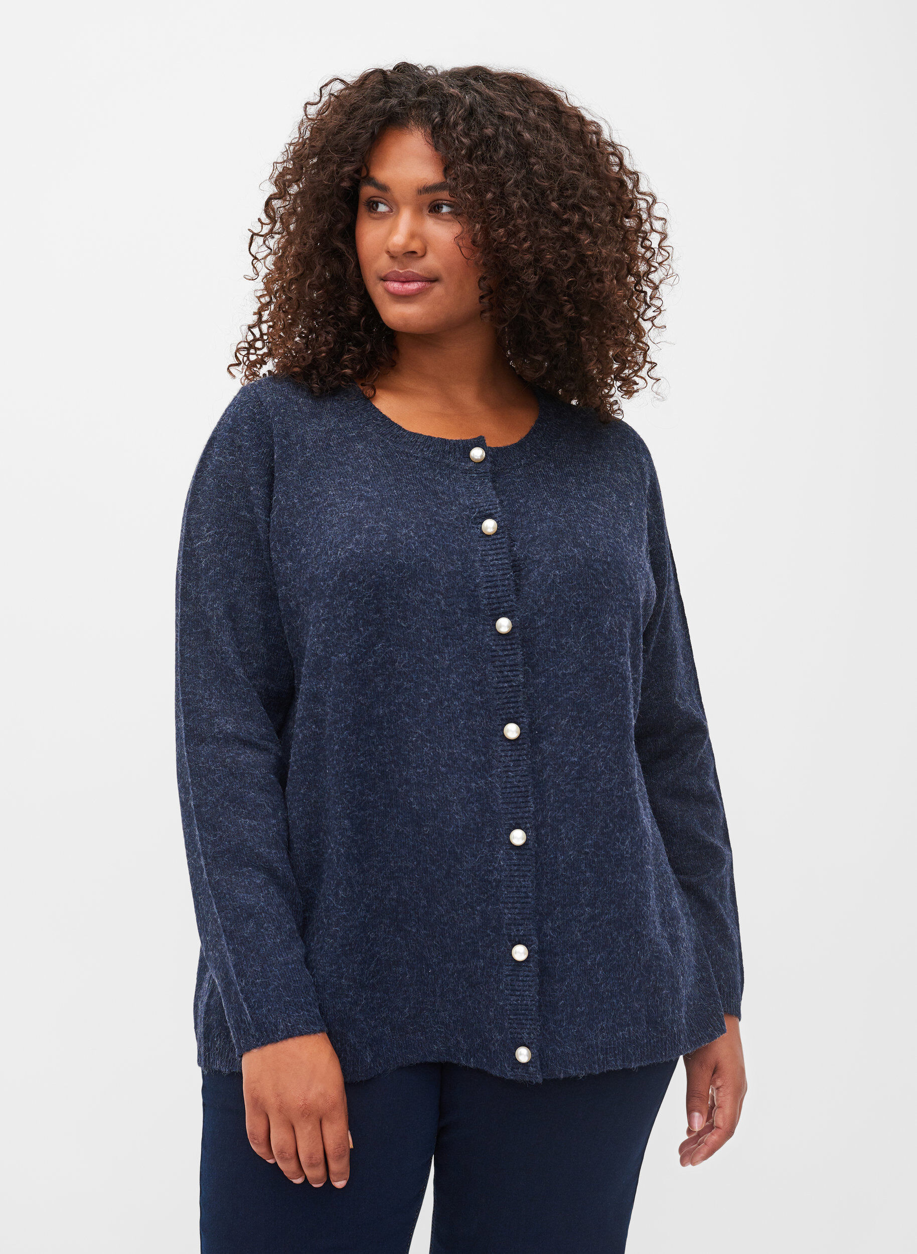 Short melange knit cardigan with pearl 