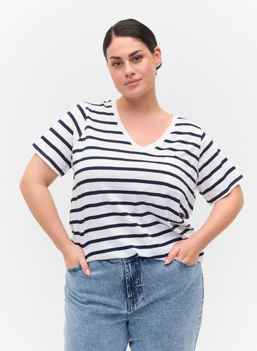 Striped cotton t-shirt with v-neckline, White Navy B Stripe, Model image number 0