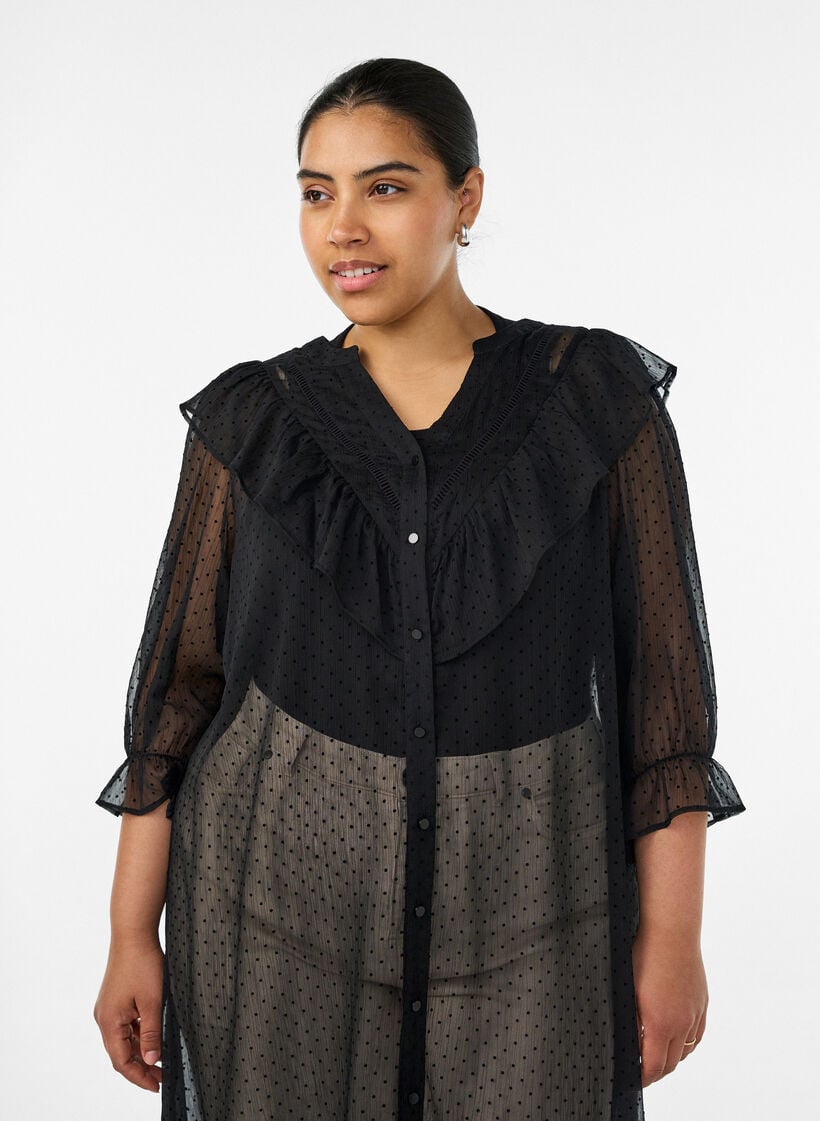 Midi dress in a lightweight, sheer fabric with dots and ruffles, Black, Model image number 2