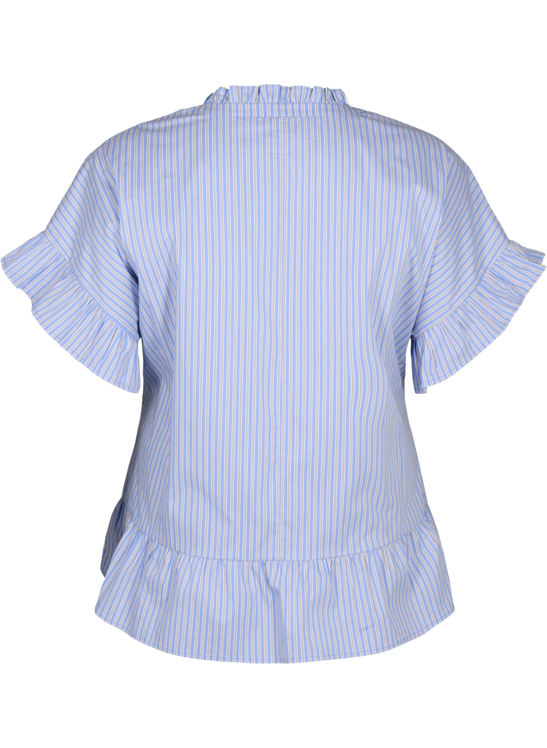Zizzifashion Striped blouse with peplum and ruffle details, Blue Stripe, Packshot image number 1
