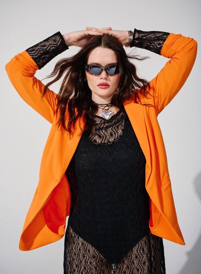 Orange blazer with lace dress, , Model, 2