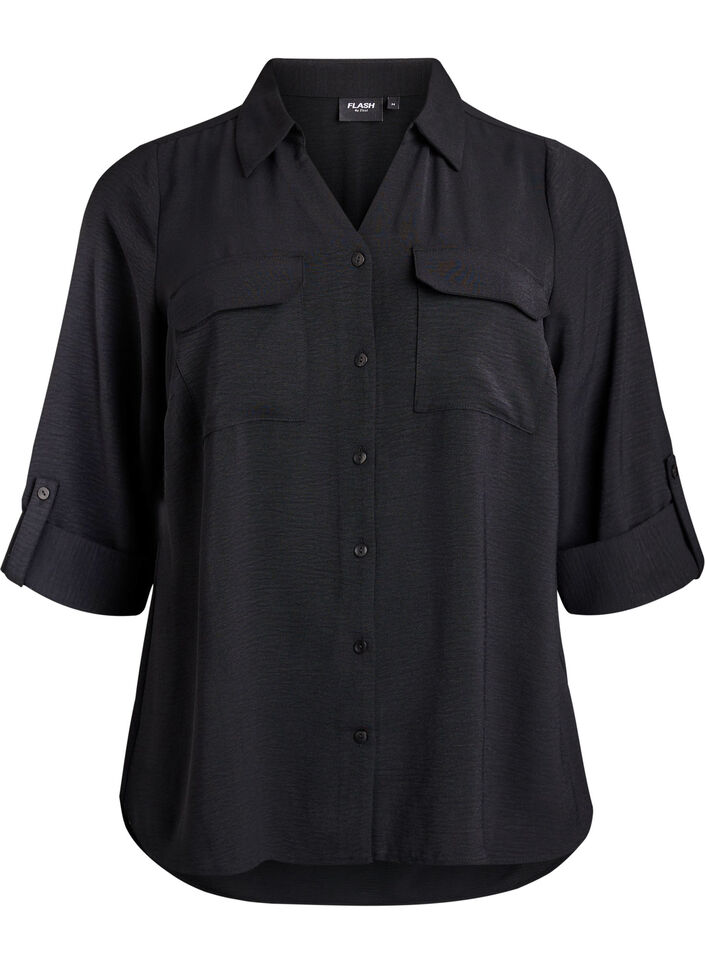 FLASH - Shirt with chest pockets and 3/4 sleeves, Black, Packshot image number 0
