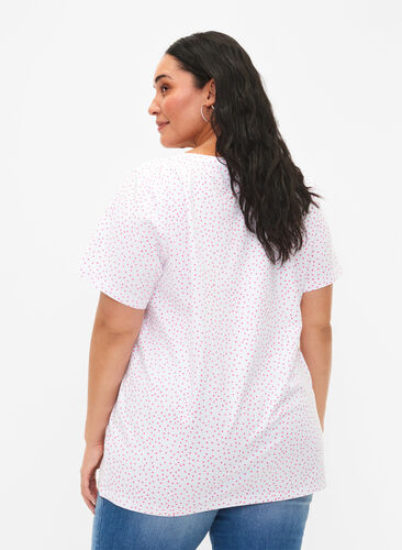 Cotton t-shirt with dots and v-neck, B.White/S. Pink Dot, Model image number 1