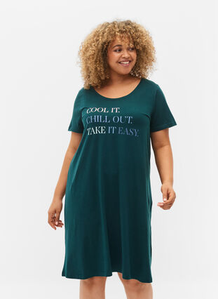 Short-sleeved cotton nightdress, Deep Teal w. Cool It, Model image number 0