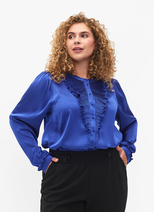 Satin shirt blouse with ruffle details, Deep Ultramarine, Model image number 0