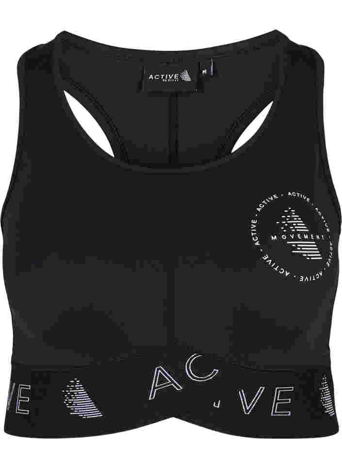 Sports bra with text print, Black, Packshot