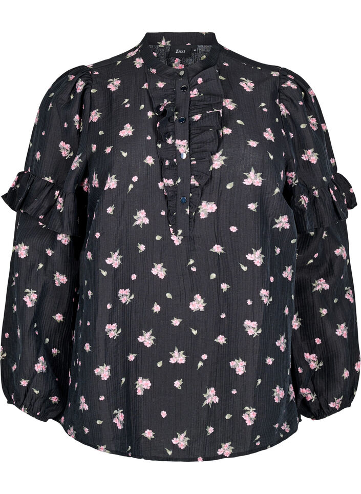 Floral blouse in lyocell, Black, Packshot image number 0