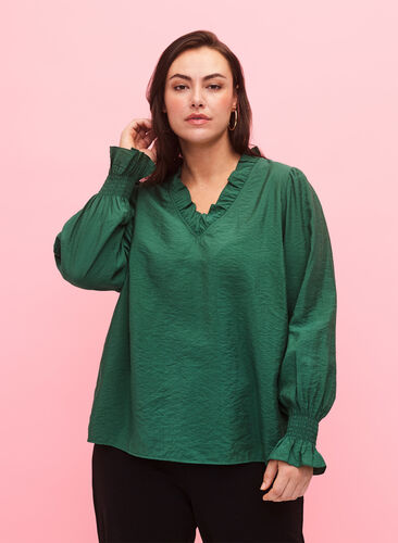 Long-sleeved viscose blouse with ruffle details, Hunter Green, Model image number 0