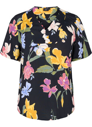 Short-sleeved floral viscose blouse, Big Flower AOP, Packshot image number 0