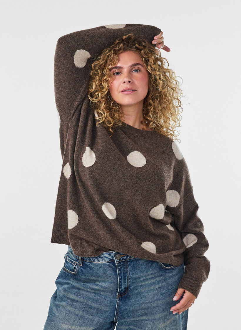 Knitted blouse with a dotted pattern, Brown, Model image number 0