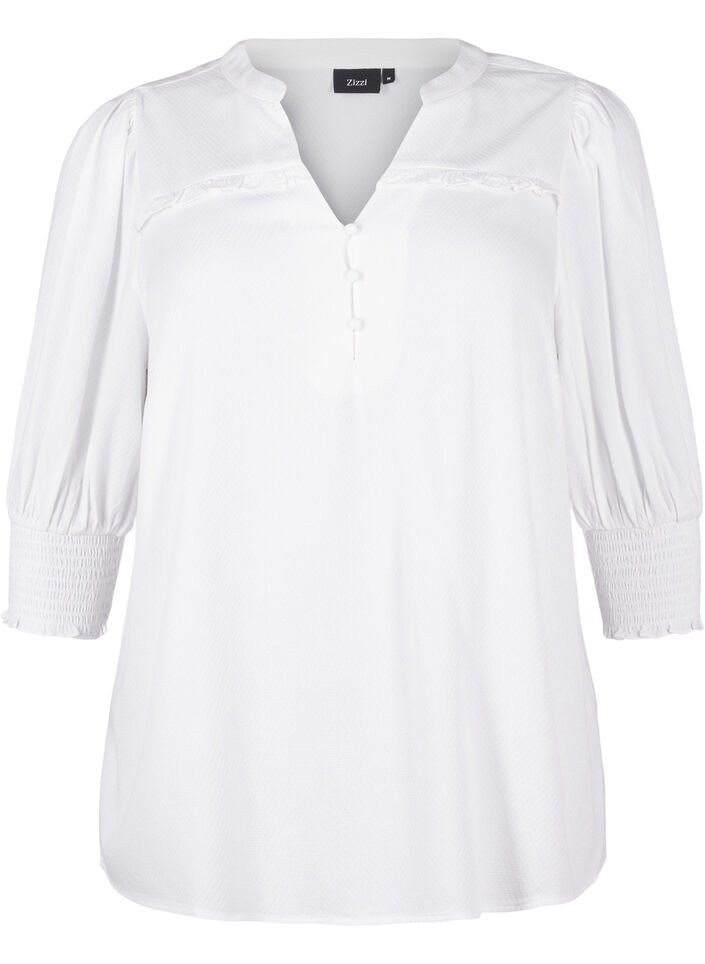 Viscose blouse with smock and ruffle detail, Bright White, Packshot image number 0