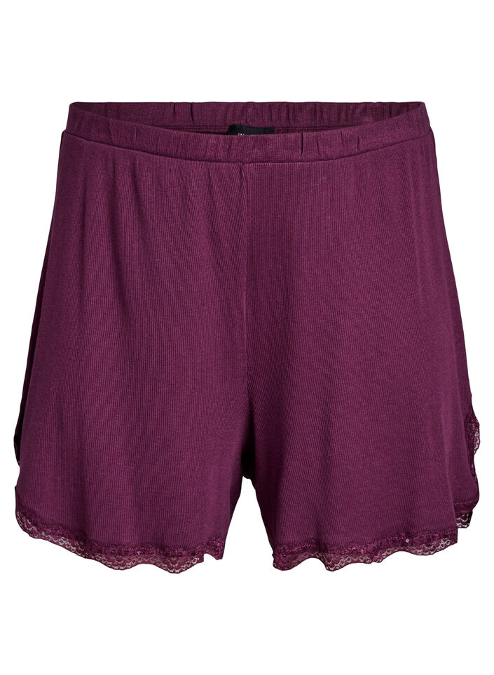 Loose night shorts with ribbed texture and lace trim, Dark Bordeaux, Packshot image number 0