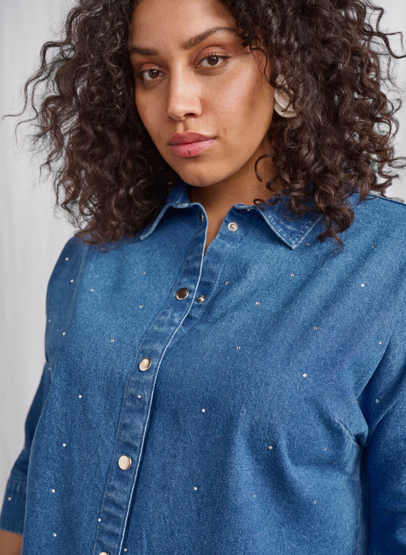 Denim shirt with rhinestones and 3/4 sleeves, Bl. Denim Rhinestone, Image image number 0
