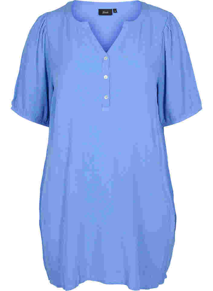 Viscose tunic with V-neck and buttons, Wedgewood, Packshot image number 0