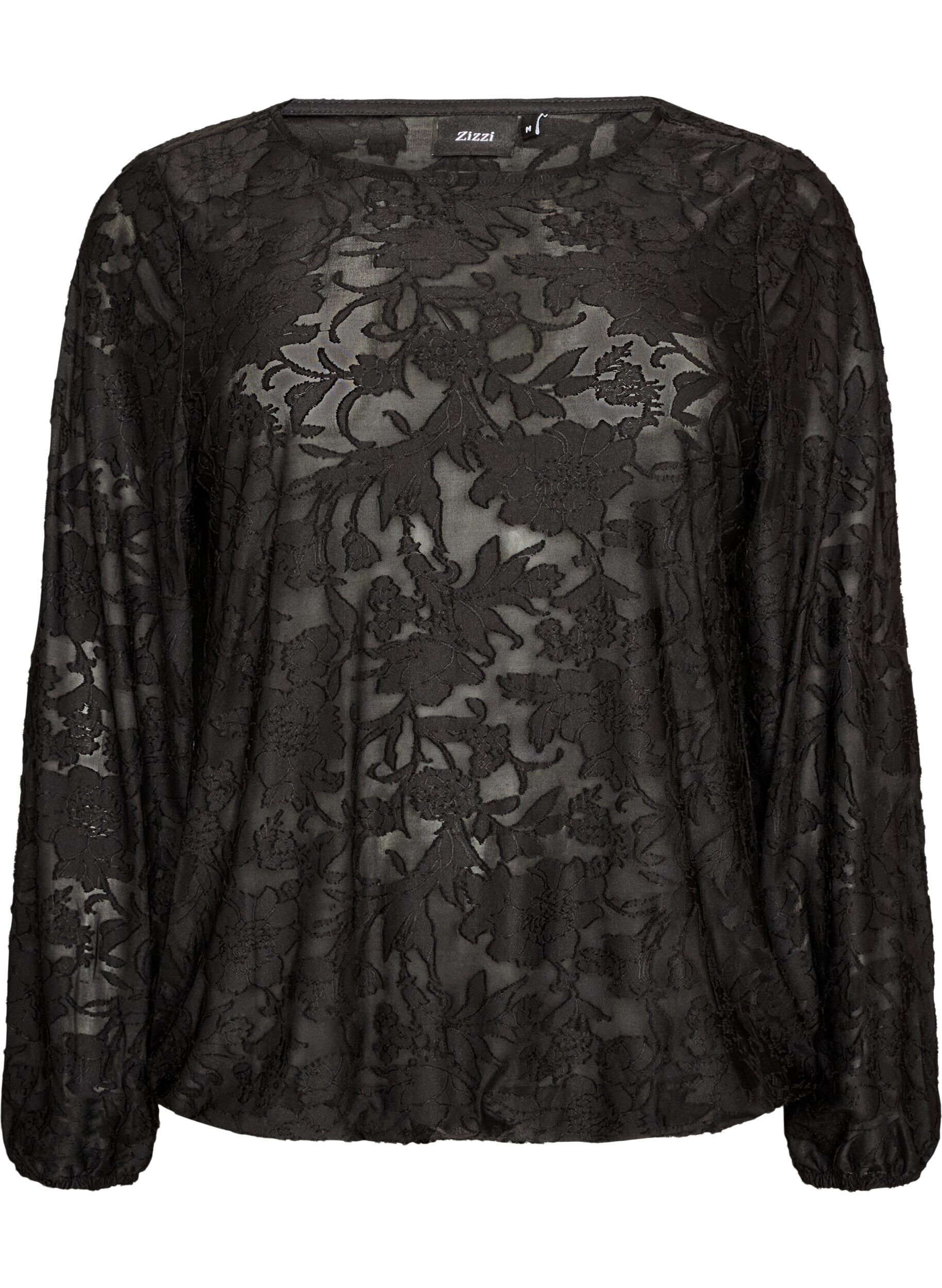 ZizzifashionSheer blouse with floral texture and long sleeves, Black, Packshot image number 0