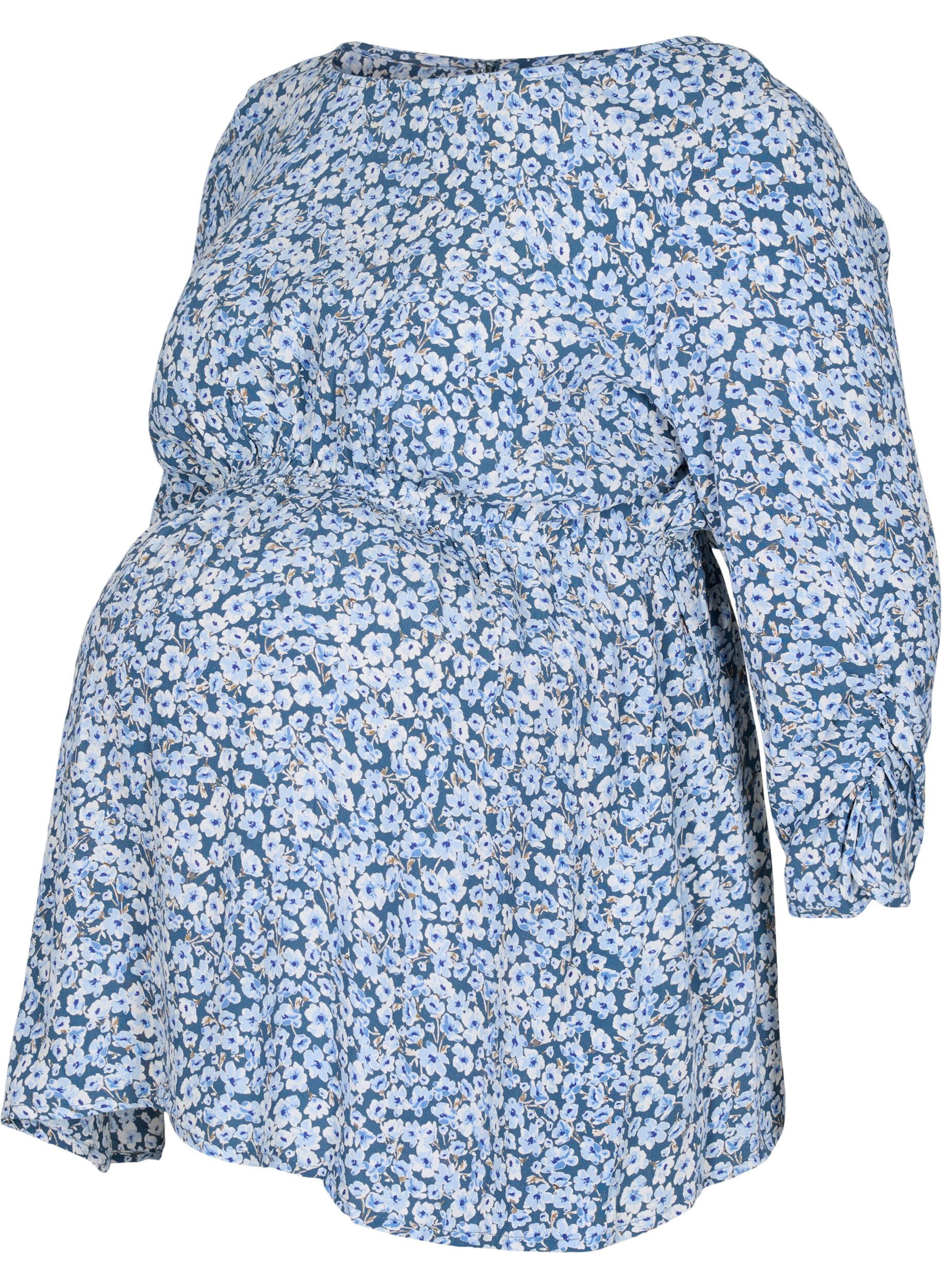 Zizzifashion Maternity blouse in viscose and floral print, Blue Flower AOP, Packshot image number 0
