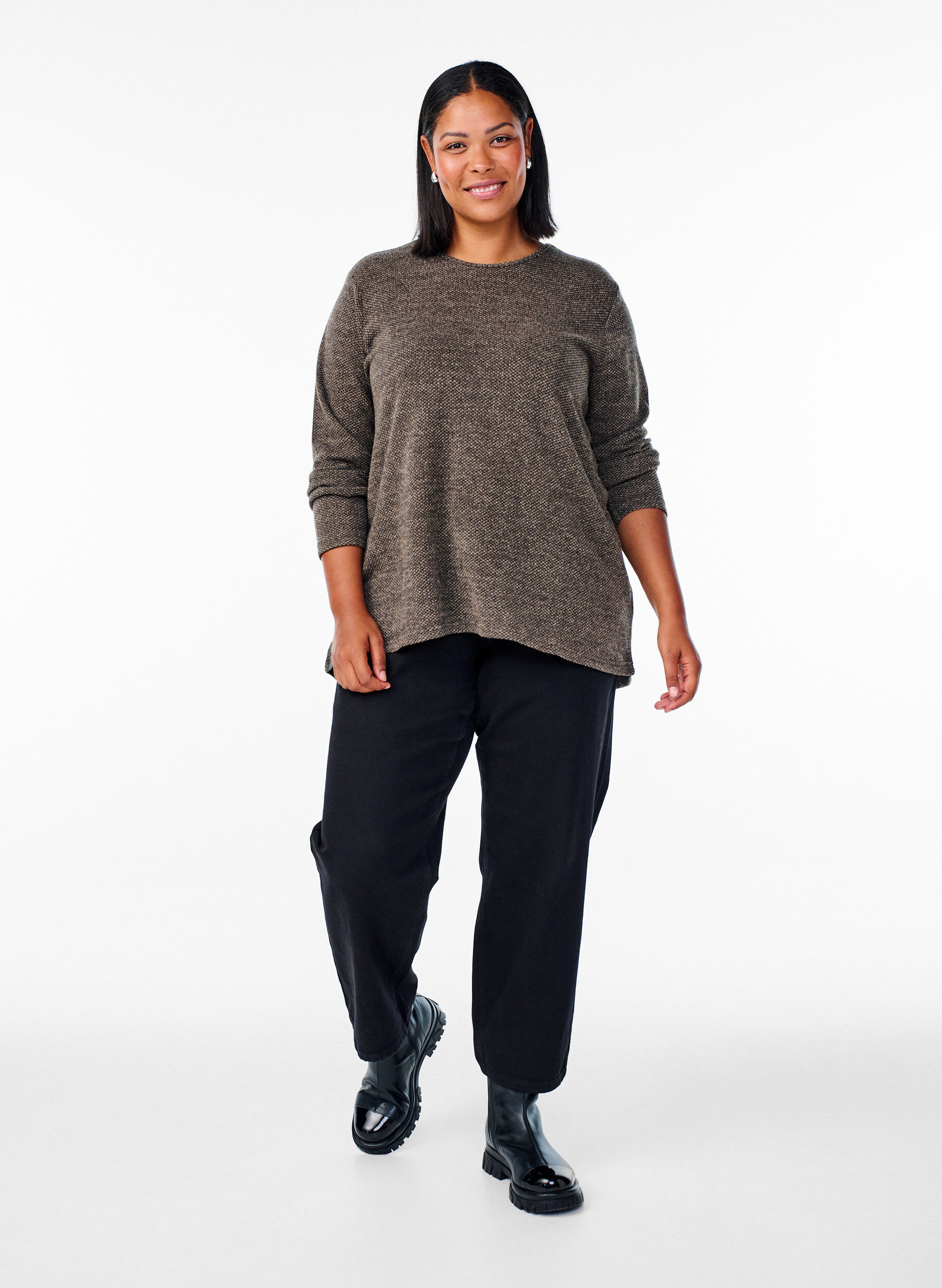 Zizzifashion Long-sleeved blouse with texture, Brown, Model image number 1