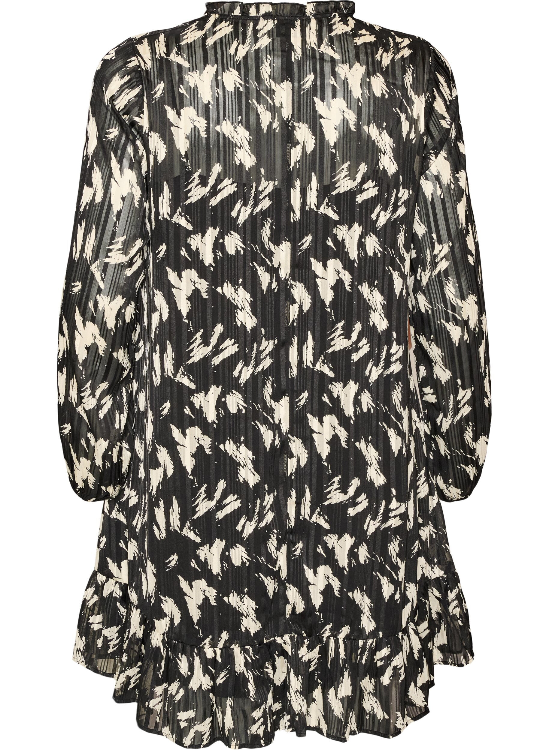 ZizzifashionPatterned dress with ruffles and long sleeves, Black, Packshot image number 1