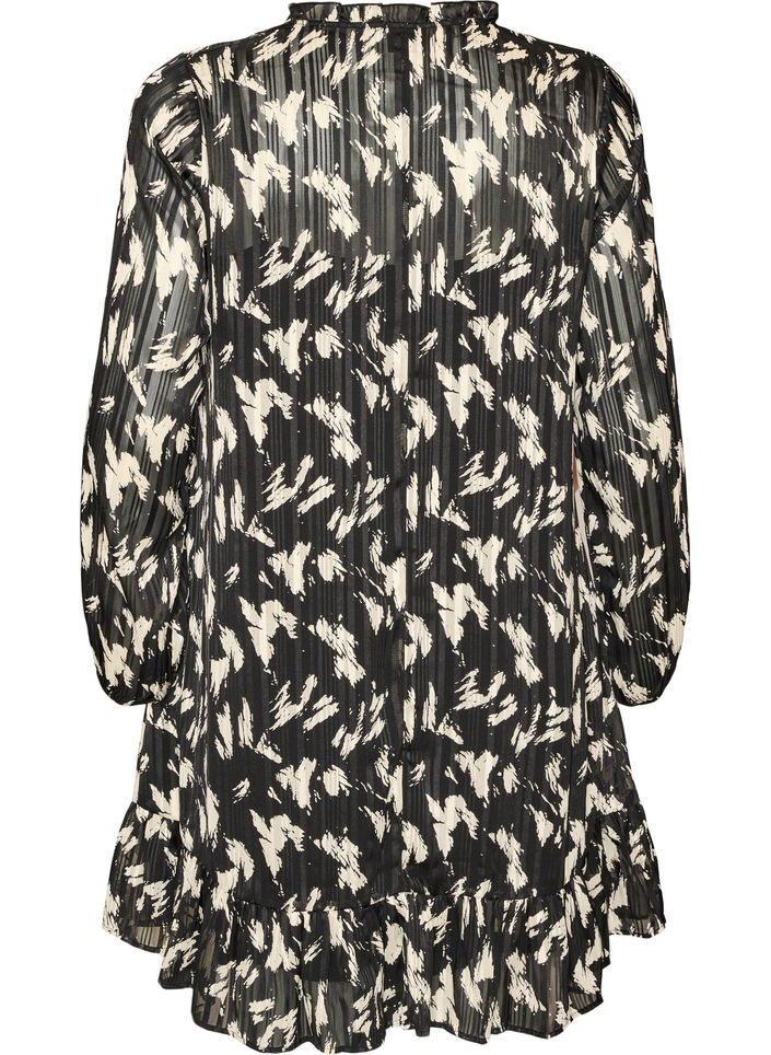 Patterned dress with ruffles and long sleeves, Black, Packshot image number 1
