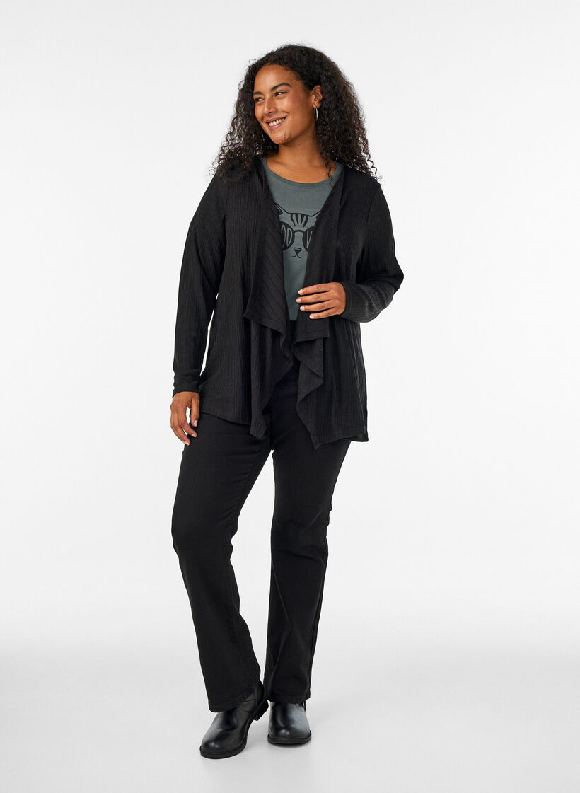 Open cardigan in textured jersey, Black, Model image number 1