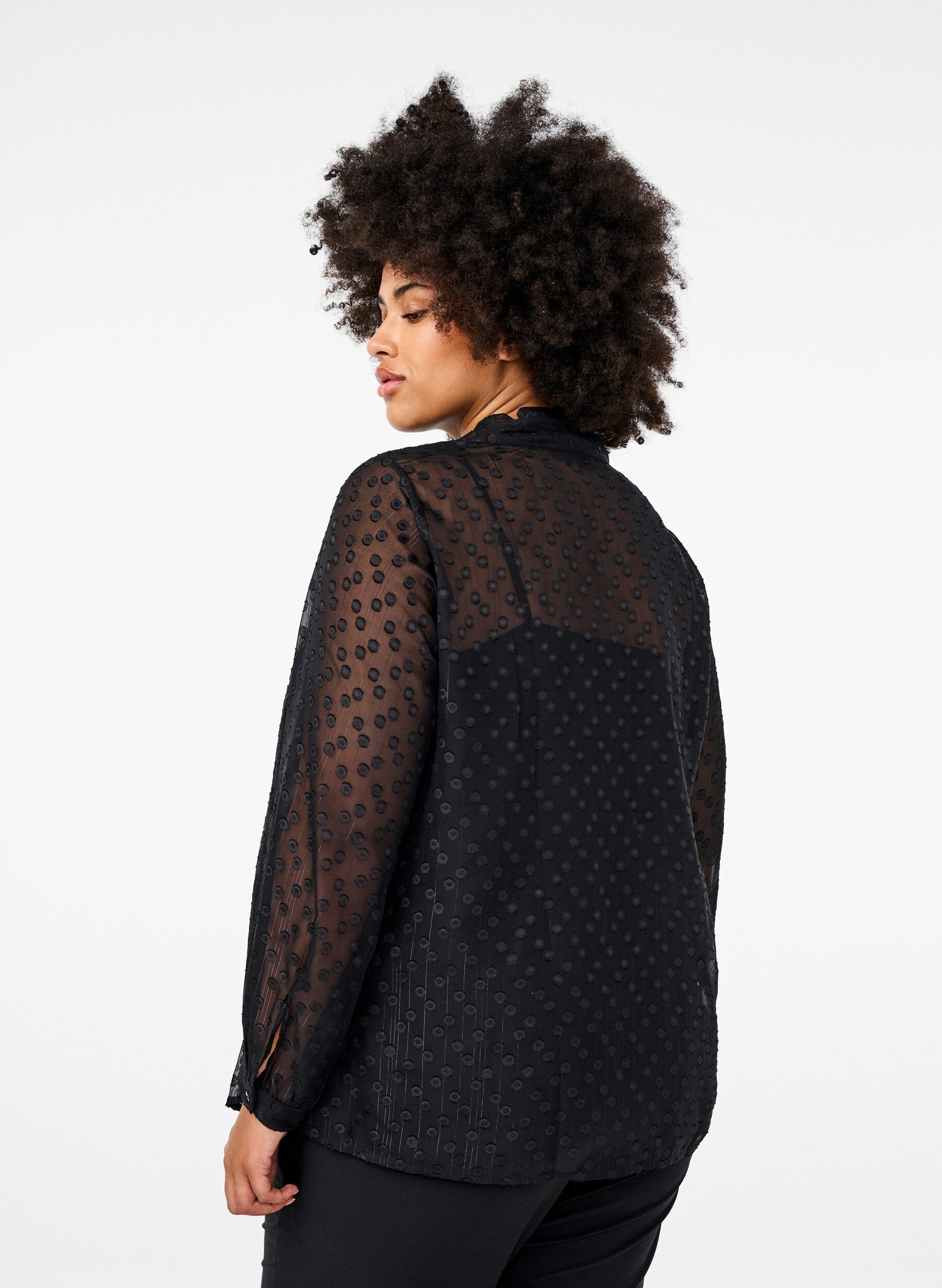 Zizzifashion Chiffon blouse with a dotted texture, Black, Model image number 1