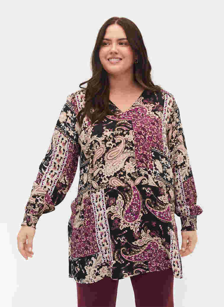Tunic in viscose with Paisley print, Black Patchwork AOP, Model image number 0