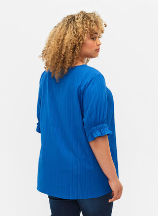 Striped blouse with short sleeves, Victoria blue, Model image number 1