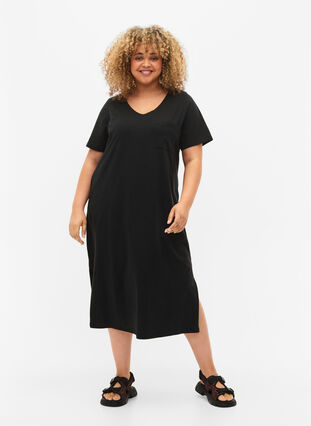 Short sleeve cotton dress with slit, Black, Model image number 0
