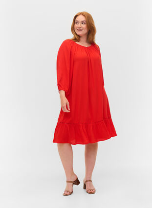 Viscose dress with 3/4 sleeves, Fiery Red, Model image number 2