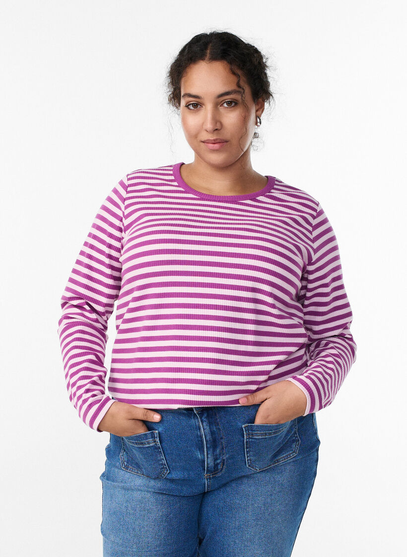 Striped blouse with long sleeves, Purple, Model image number 0